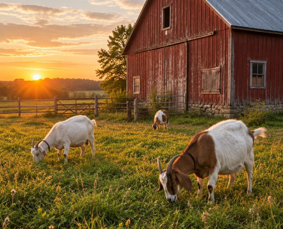 Goats grazing beside the red barn at sunset