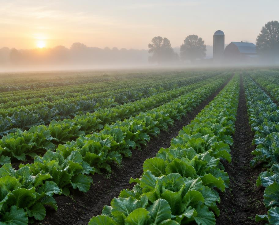 Misty rows of greens at sunrise