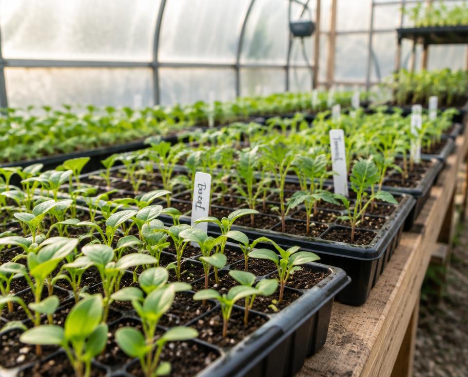 Trays of seedlings in a greenhouse
