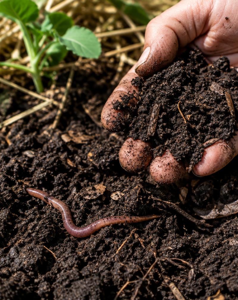 Hand holding rich soil with an earthworm
