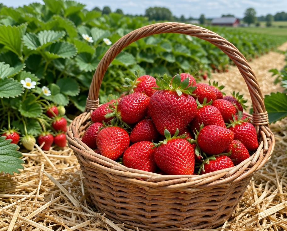 Basket of strawberries in the field