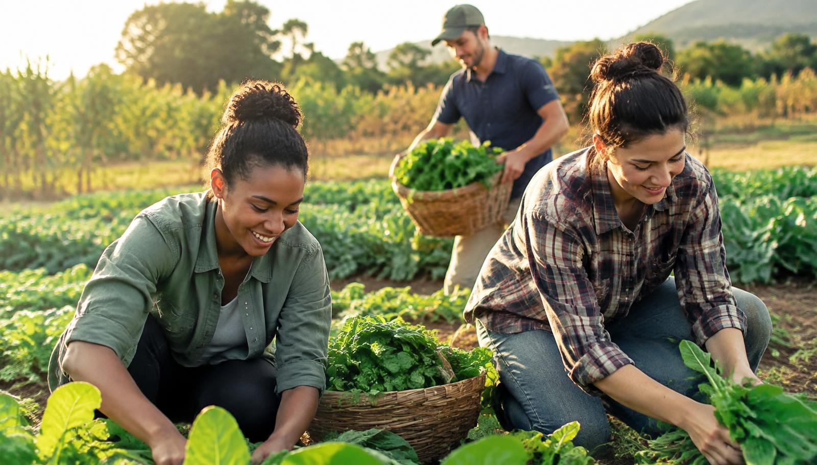 Volunteers harvesting greens in the field